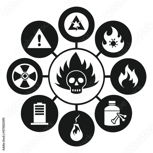 Hazardous Symbols Black White Icons Set