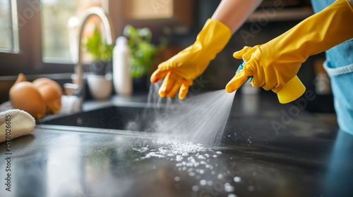 Cleaning home table sanitizing kitchen table surface with disinfectant spray bottle washing surfaces with towel and gloves. COVID-19 prevention sanitizing inside