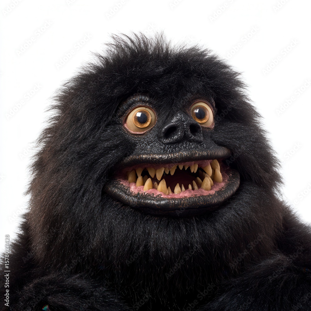 Obraz premium Whimsical black furry monster puppet with large amber eyes and sharp teeth against white background for entertainment industry, Halloween promotion, or children's television