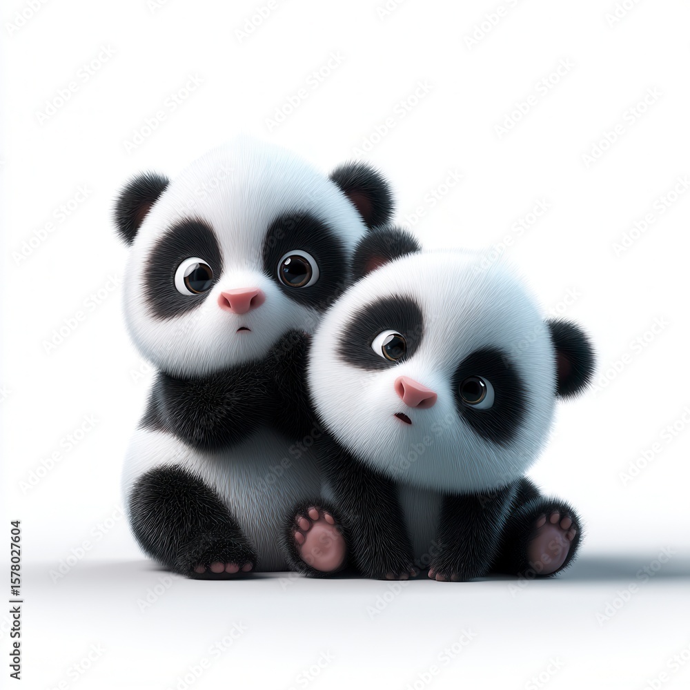 Fototapeta premium Adorable 3D animated panda cubs sitting together with wide curious eyes against white background, perfect for children's entertainment or cute animal marketing