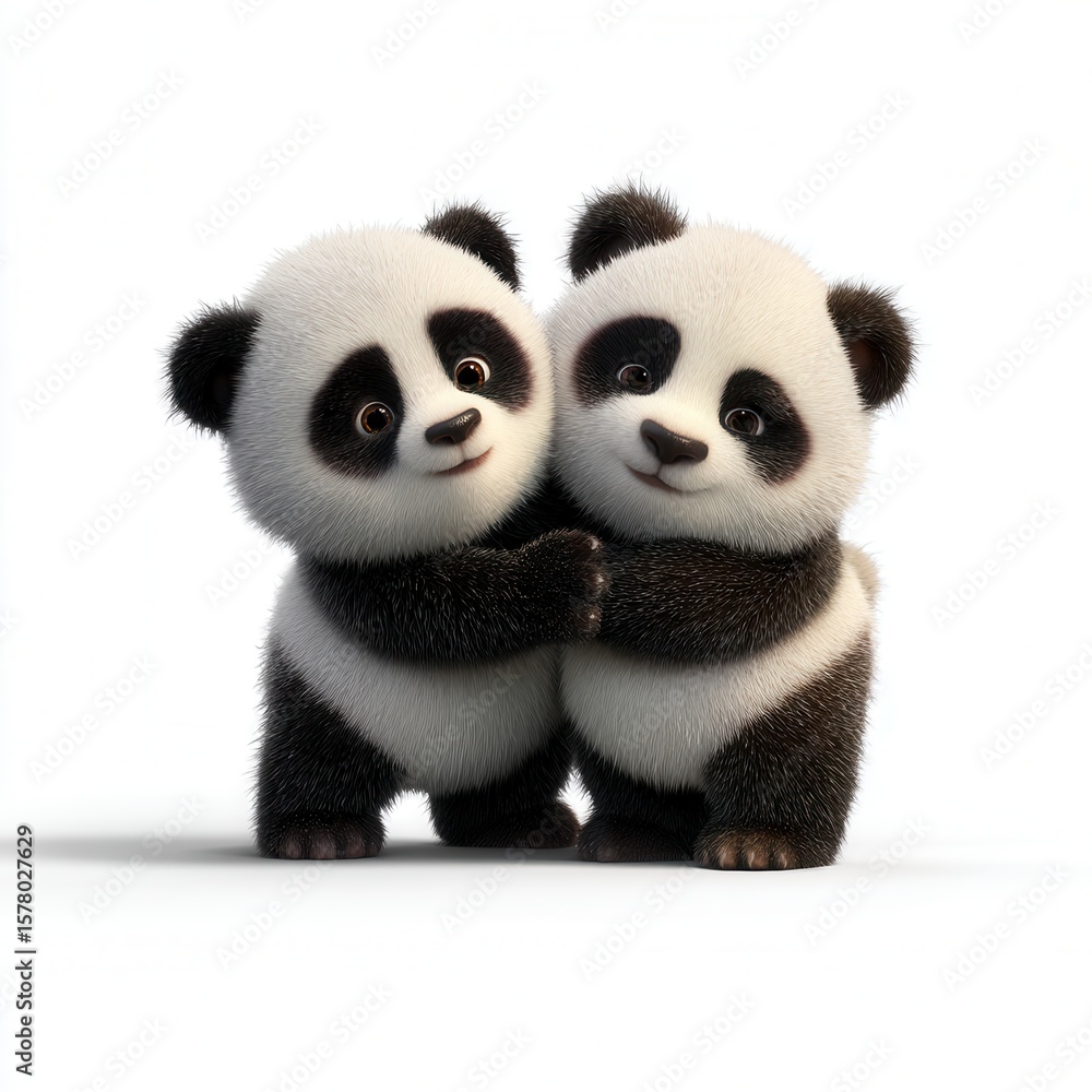 Obraz premium Adorable 3D animated panda cubs hugging each other with happy expressions against clean white background, perfect for children's entertainment or conservation campaign free copy space for text