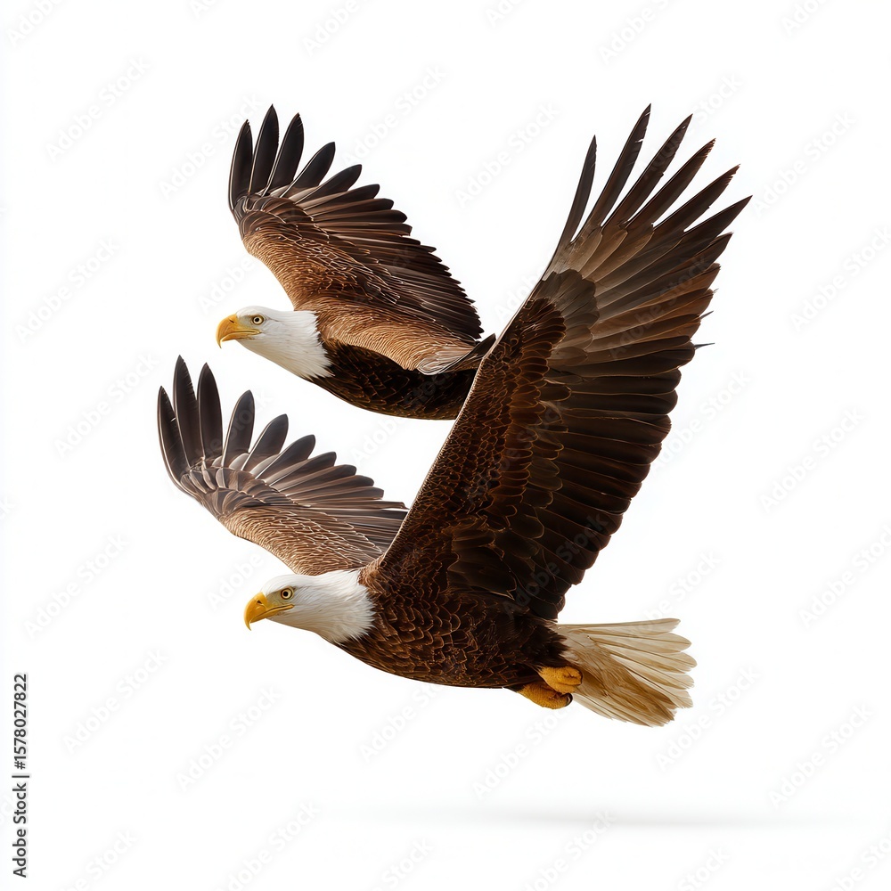 Fototapeta premium Majestic bald eagles soaring with wings spread against white background, powerful birds in flight showcasing detailed brown feathers and white heads in wildlife photography free copy space for text