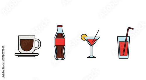 Coffee, Soda, Cocktail, and Juice Illustrations in a Minimalistic Style