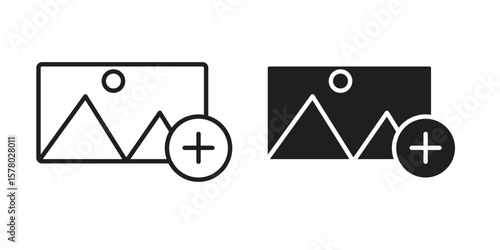 Add photos icon symbol set in black. line and flat icons