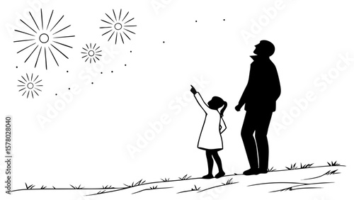 Minimal Silhouette of Father and Daughter Watching Fireworks 
