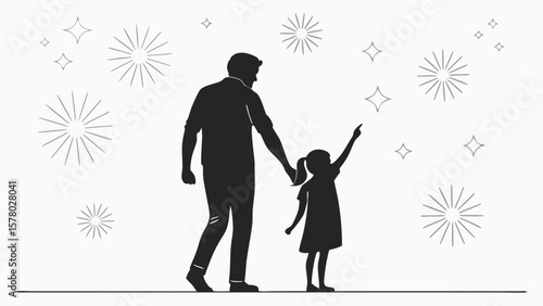 Minimal Silhouette of Father and Daughter Watching Fireworks 
