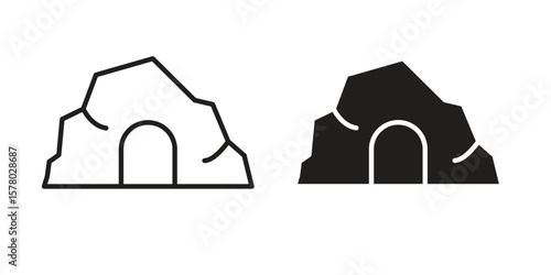 cave icon symbol set in black. line and flat icons