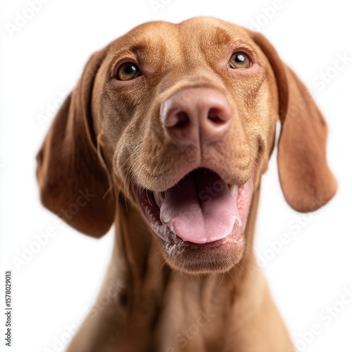 Wallpaper Mural Happy Vizsla dog with smiling expression against white background, close-up portrait of friendly hunting breed with copper coat and alert eyes, pet photography with free copy space Torontodigital.ca
