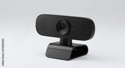Black Webcam with Built-in Microphone on Adjustable Stand in Minimalist Setup