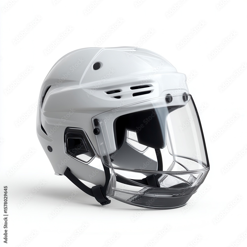 Fototapeta premium Professional white ice hockey helmet with clear protective face shield against white background for sports equipment advertising free copy space