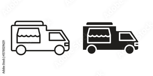 Food truck icon symbol set in black. line and flat icons