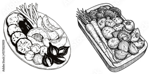 Roasted Vegetable Platter. Monochrome illustration, assorted vegetables. Healthy eating, gourmet side dish. Menu design, recipe books, food labels