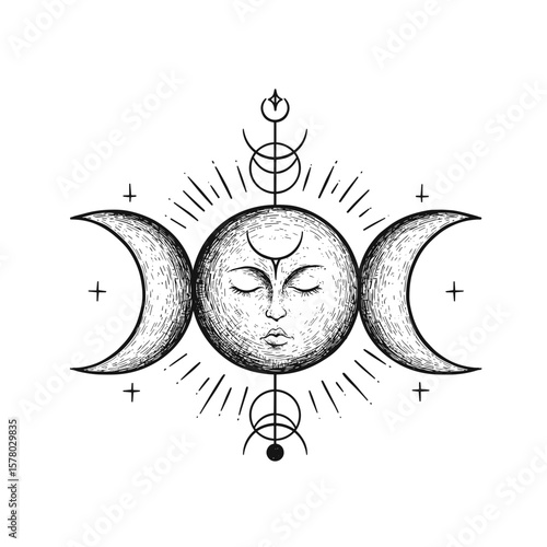 Triple Moon Symbol. Vintage, intricate design. Witchcraft, paganism, goddess. Spiritual, feminine power, cycles. Logos, jewelry, book cover, web design