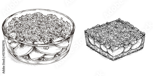Apple Crisp Dessert. Monochrome outline, in bowl & rectangular dish. Homemade baking, comfort food. Recipe books, menu design, food blog, packaging