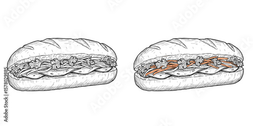 Banh Mi Sandwich. Hand-drawn, intricate details. Vietnamese cuisine, savory meal. Menu design, recipe books, food packaging