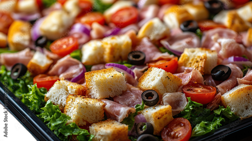 © Ridwan - Hearty salad with croutons, ham, tomatoes, olives, and red onion