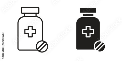 Medicine bottle icon symbol set in black. line and flat icons