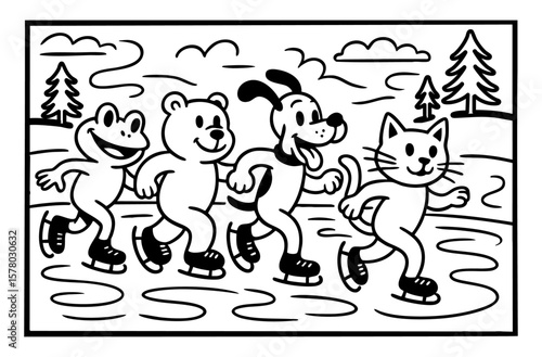 animals skating on ice illustration for coloring book painting