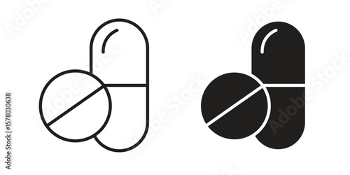 Pills icon symbol set in black. line and flat icons