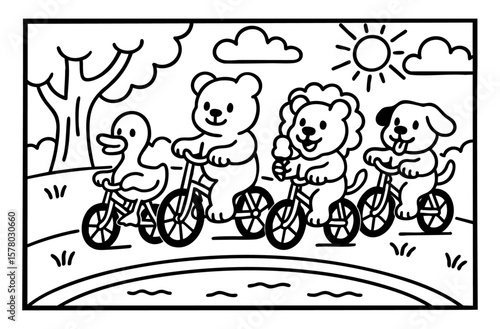 cute animals riding a bike in the park illustration coloring book for kids and adults