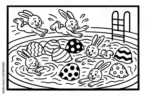 Rabbits swimming in the chocolate pool illustration to paint coloring book for children easter
