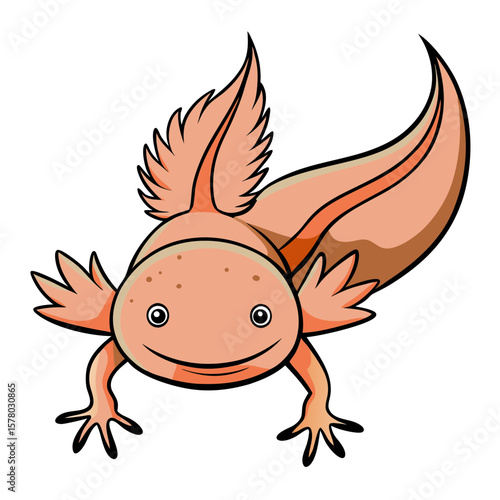 A cartoon illustration of a smiling axolotl amphibian with feathery gills, facing forward.