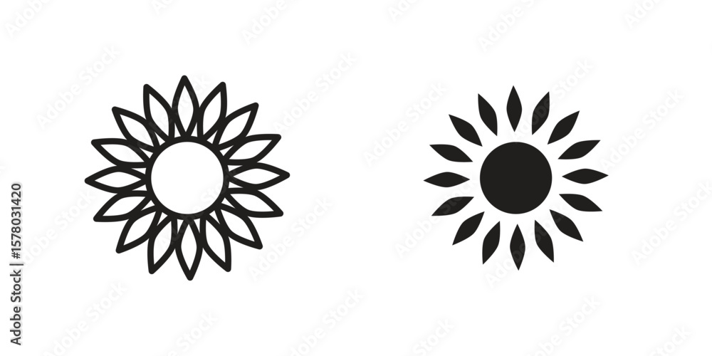 Fototapeta premium Sunflower icon symbol set in black. line and flat icons