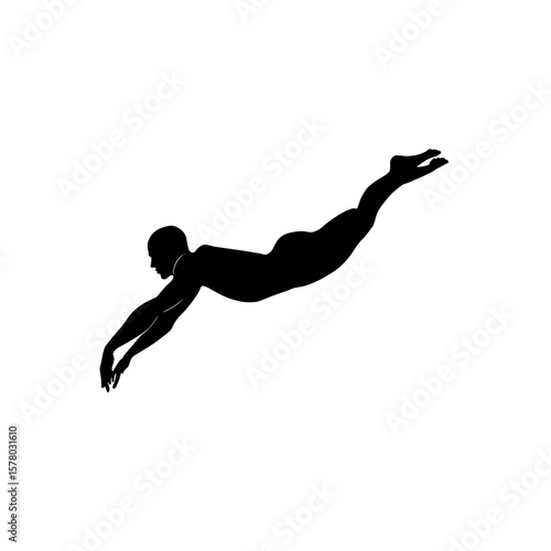Silhouette of a person diving with arms extended and legs straight in an upward direction pose art