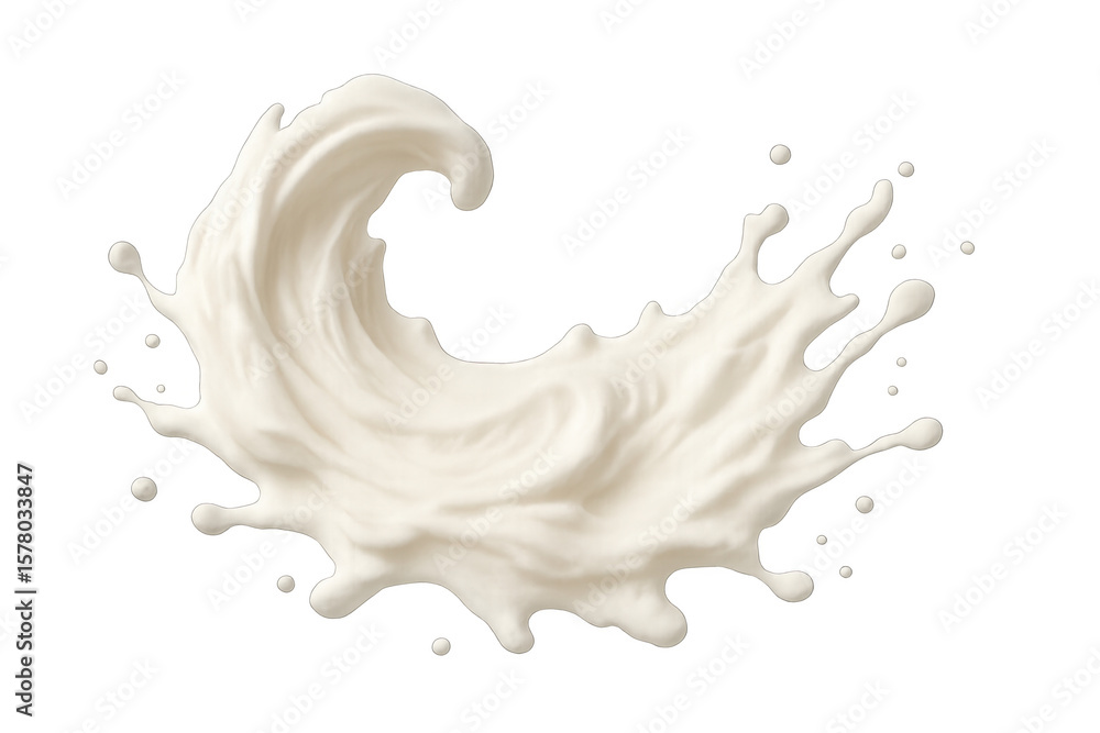 Creamy white milk splashing, forming elegant swirling motion with scattered droplets against transparent background Creamy white milk splashing, forming elegant swirling motion with scattered droplets against transparent background