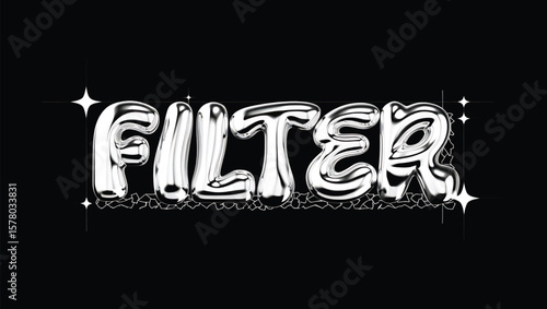 Silver Chrome Filter Text Effect 3 D Render Shiny Glossy Letters on Black Background with
