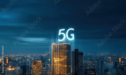Fototapeta Naklejka Na Ścianę i Meble -  Nighttime city illuminated with 5G technology, showing innovation and futuristic urban network