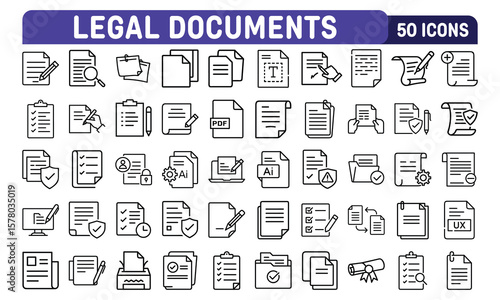 Fifty Professional Line Icons: Legal Documents, Contracts, and Checklists