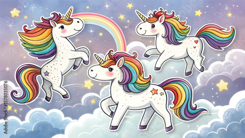 Three Adorable Rainbow Unicorns Galloping Across a Starry Night Sky Amidst Fluffy Clouds