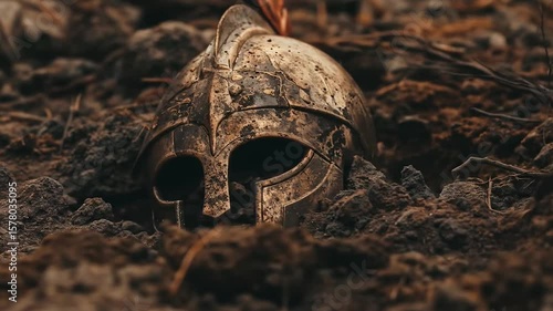Close-up of a weathered and tarnished ancient Greek helmet lying on dry, cracked earth mixed with scattered rocks and pebbles, suggesting a scene of historical war. Great discovery