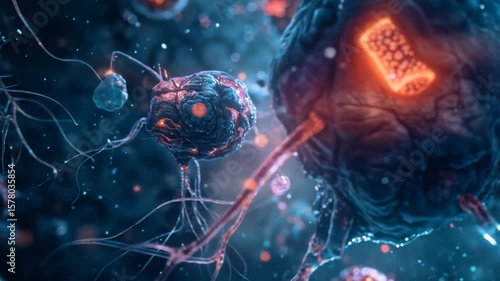 Microscopic nanobots repairing damaged cells inside human body, with medical nanotechnology, cellular healing process, sci-fi medical treatment. Glowing microscopic robots in the brain