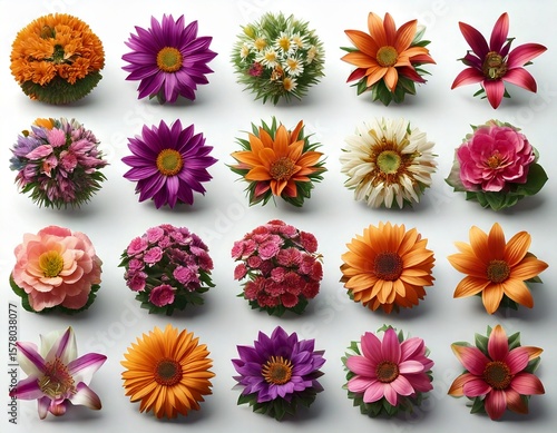  3d rendering. Flowers in spring and summer icons set on a white background Cremon flo 