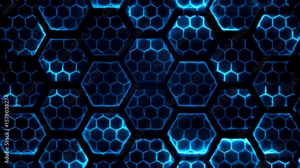 Futuristic abstract background with a glowing blue hexagonal grid pattern moving slowly on a dark surface