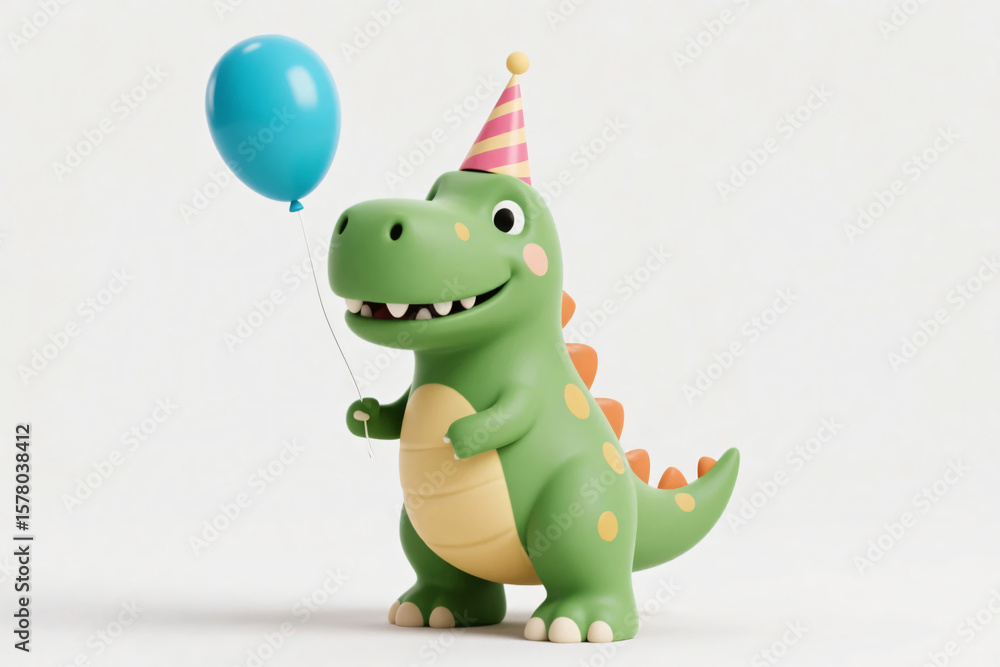 Naklejka premium Cartoon 3D green dino holding balloon