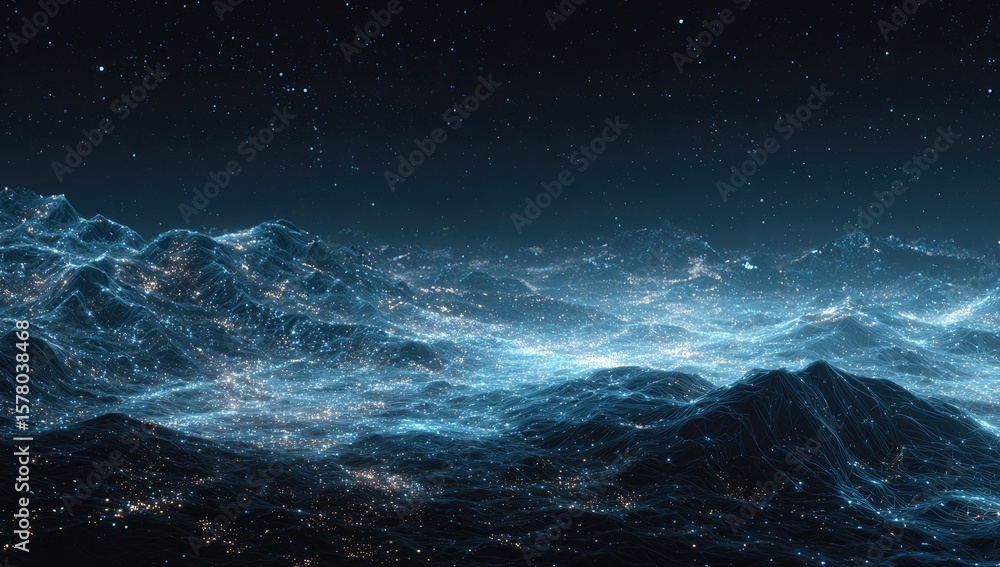 Naklejka premium Nightly city lights on a mountainous landscape, digitally rendered