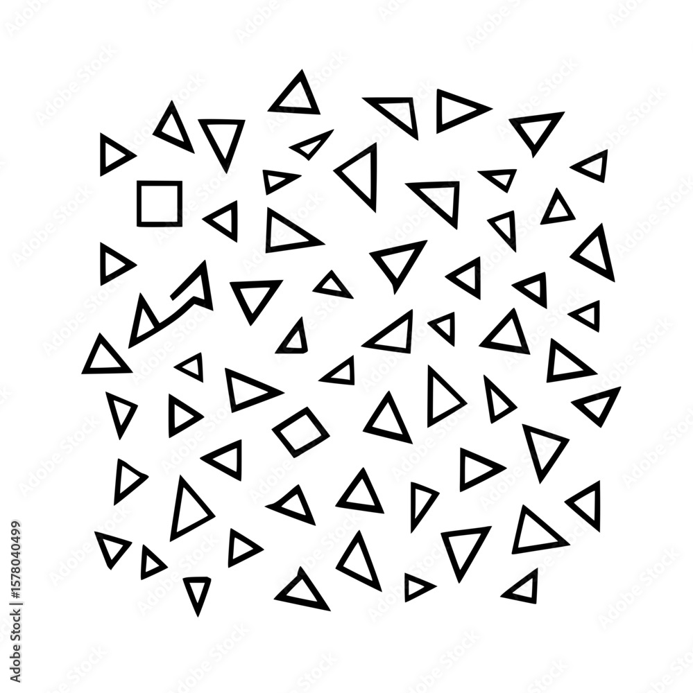Collection of various sized triangles and a few squares scattered on a white background pattern design Collection of various sized triangles and a few squares scattered on a white background pattern design