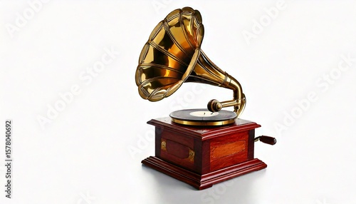 Antique brass and wooden gramaphone on white background,copy space 