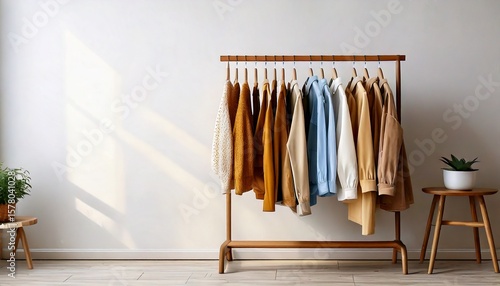 Ashion clothes on a stand in a light background indoors. place for text 