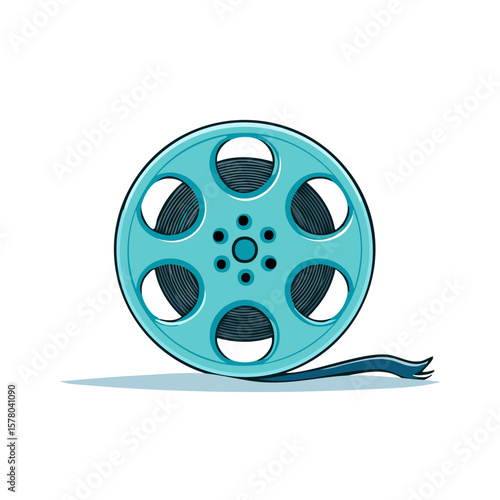 Illustration of a Blue Film Reel with Film Trailing Out, Cinema Production Icon, Isolated