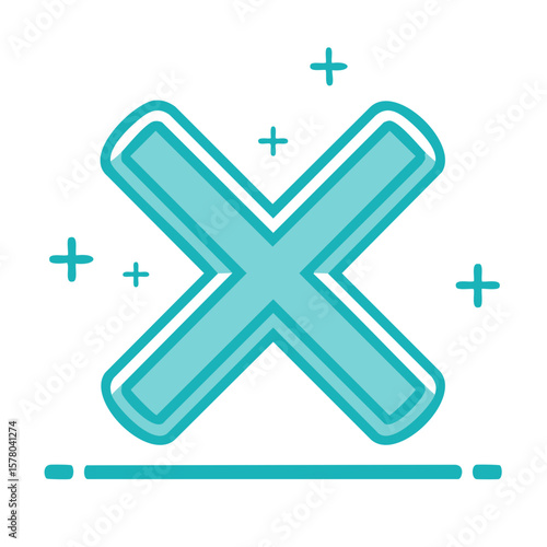Turquoise X Mark with Plus Symbols and Underline for Error Prevention or Removal in Clean Minimalist Icon Style, Sign of Negation