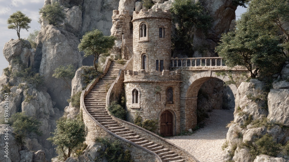 Naklejka premium Enchanted Stone Tower and Winding Staircase on a Cliffside