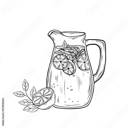 Glass pitcher with citrus lemonade.
Hand-drawn in black and white line art style.
Perfect for menus, packaging, coloring books, and summer-themed designs.
