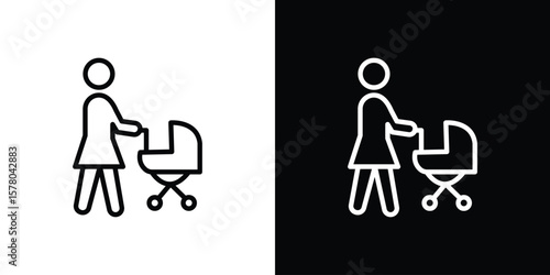 Woman with Baby Stroller icon in vector. Logotype