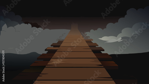 Wooden pier extending through dark fog and clouds toward a mysterious horizon