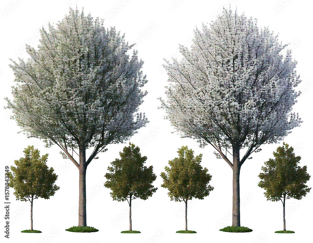 Fototapeta premium Set of Prunus persica and Prunus avium blossoming frontal street trees isolated png