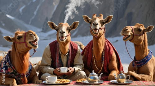 A whimsical gathering of dromedary camels enjoying a delightful tea party in the desert, their expressive faces adding charm to this quirky wildlife scenario amidst the mountainous landscape.
